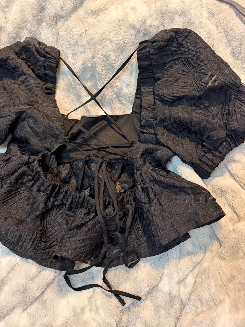 Topshop Tulle Open Back Babydoll Puff Sleeve Blouse - Picture 3 of 4